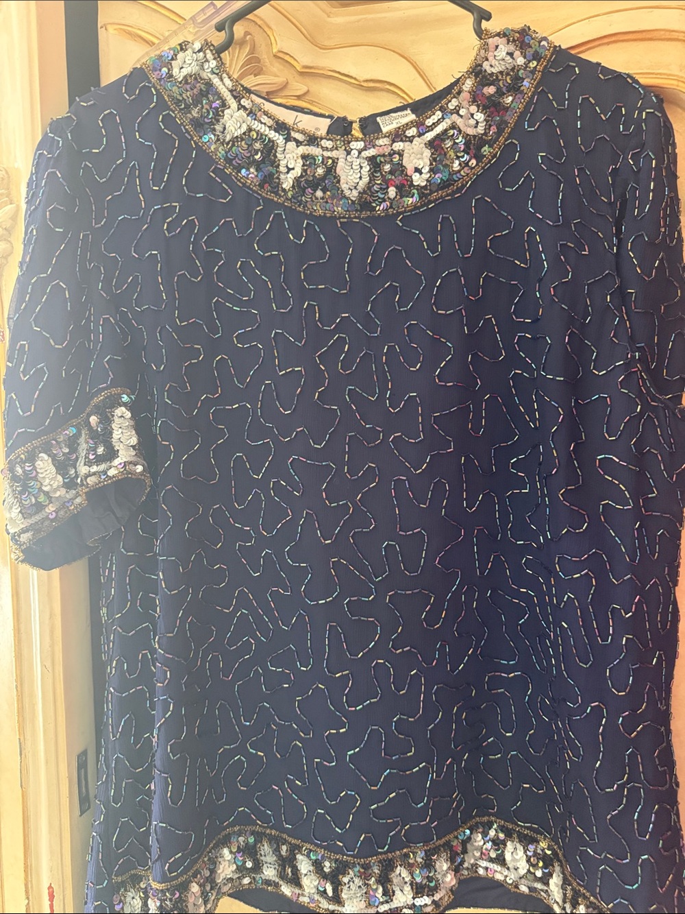 Laurence Kazar Navy Beaded Short-Sleeve Blouse